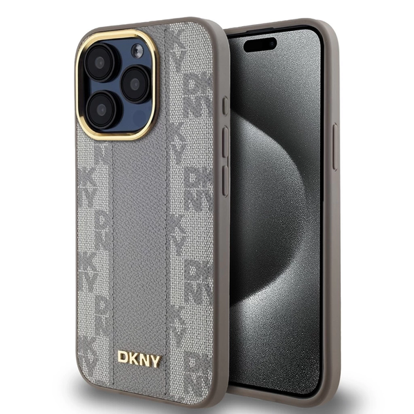 DKNY PU Leather Checkered Pattern Magsafe tok iPhone 15 Pro Max készülékhez bézs