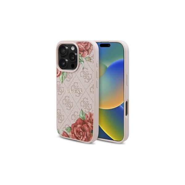 Guess GUHMP16LP4ROPEMCP iPhone 16 Pro készülékhez 6.3" rózsaszín kemény tok 4G Flowers Print MagSafe