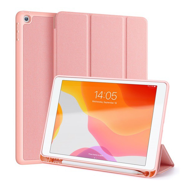 DUX DUCIS DOMO tok álló, bőr hatású (aktív FLIP, oldalra nyíló, TRIFOLD Apple pencil tartó, textil minta) ROZÉARANY [Apple IPAD 10.2 (2021)]