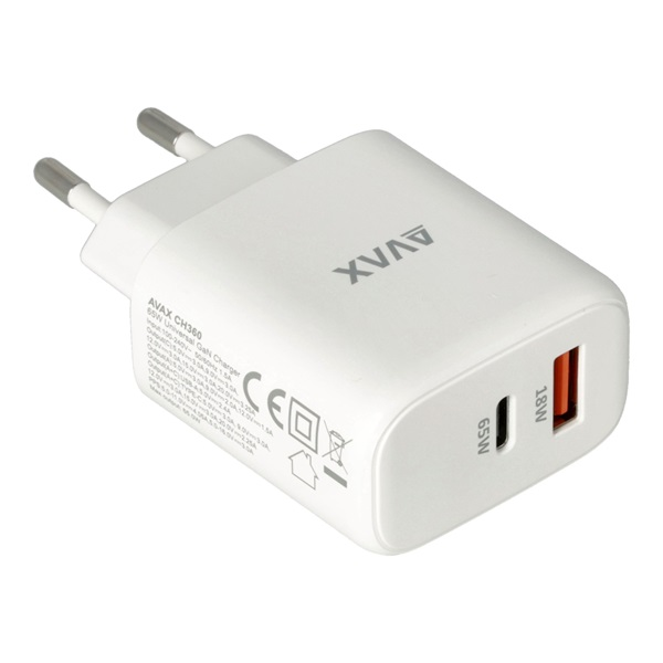 AVAX CH360 SPEEDY 65W GaN USB A (QC)+Type C (PD3.0) fehér hálózati töltő (AVAX CH360)