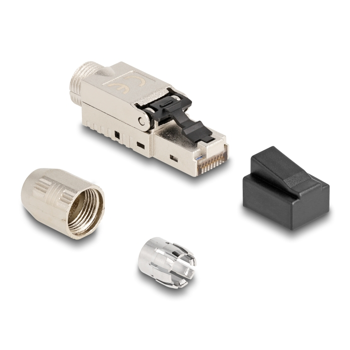 Delock RJ45 apa dugaszoló szerelvény Cat.6A kábel borítással és por elleni fedéllel szerszám nélkül szerelhető (87988) (87988)