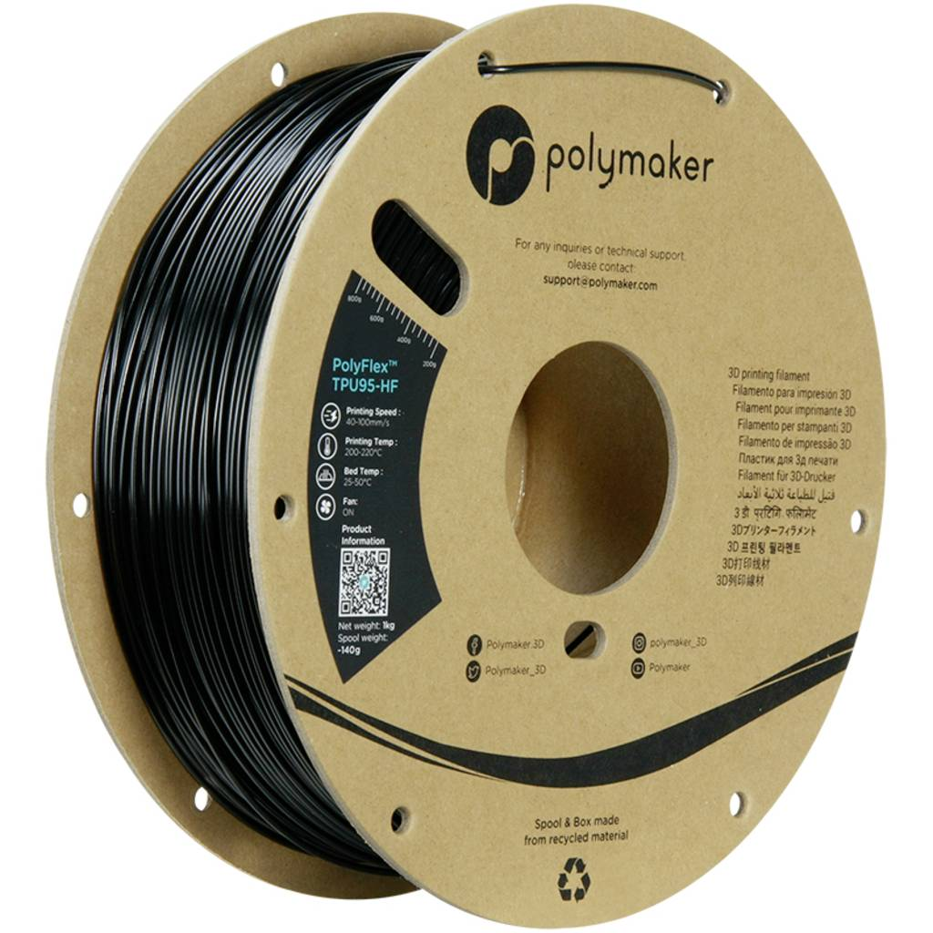 Polymaker TPU95-HF 3D nyomtatószál TPU, Rugalmas nyomtatószál rugalmas, UV álló, Highspeed nyomtatószál 1.75 mm 1000 g Fekete PolyFlex 1 db (PD03001) (PD03001)