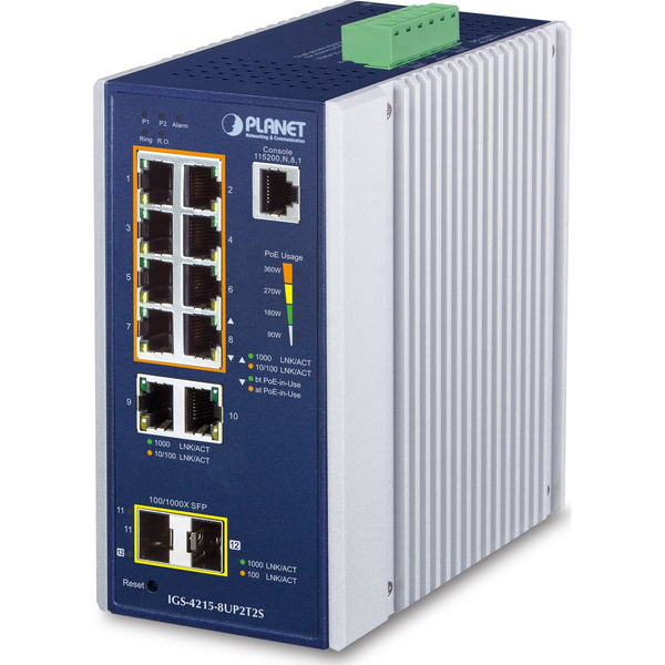 Planet Industrial 8-Port Managed Switch IGS-4215-8UP2T2S