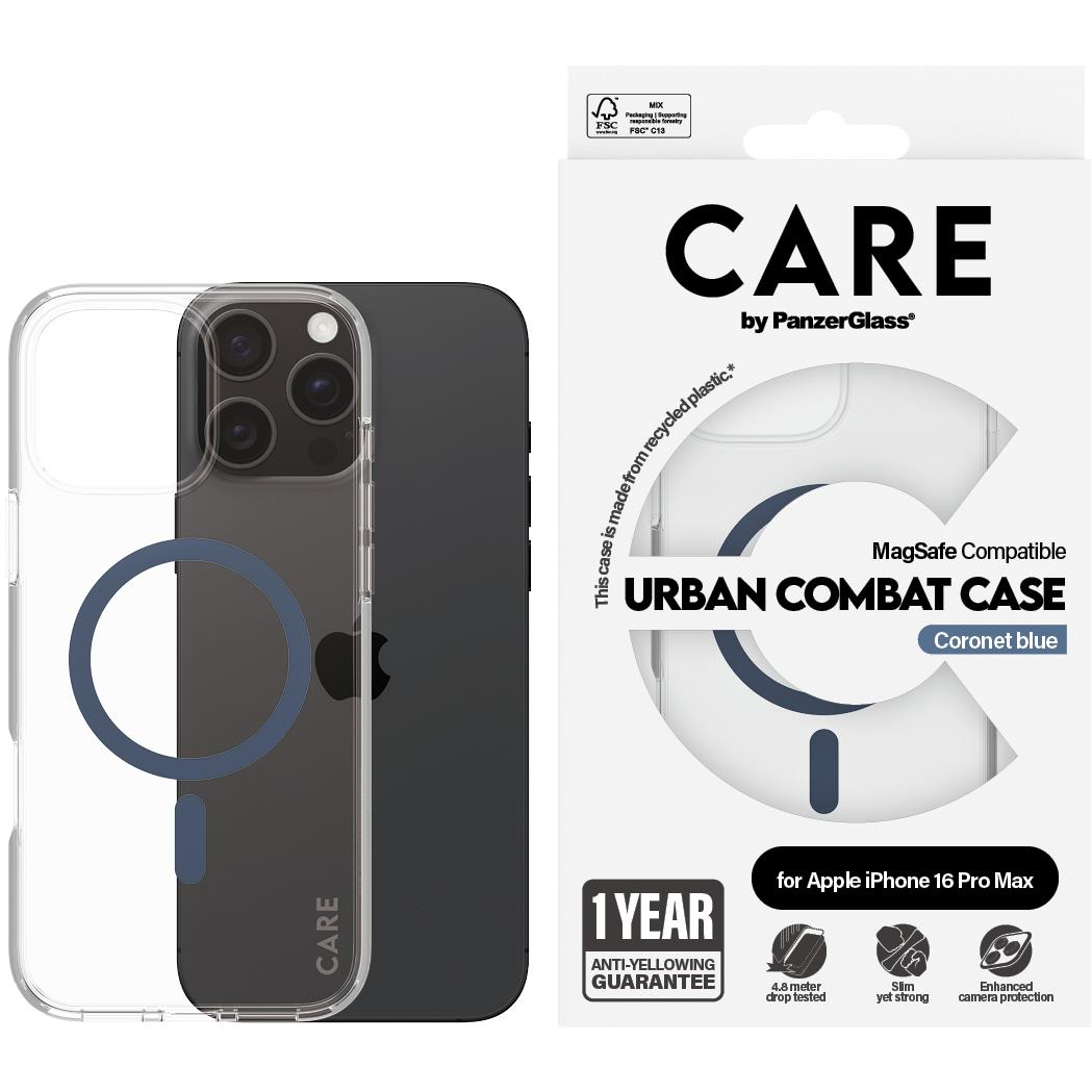 PanzerGlass CARE Apple iPhone 16 Pro Max MagSafe Urban Combat átlátszó/kék nem sárguló tok (1368)