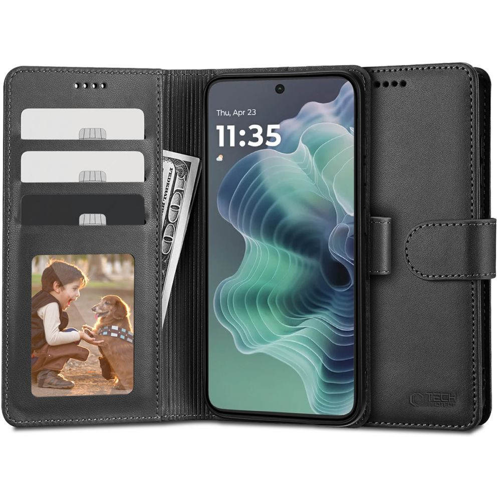Motorola Moto G35, Oldalra nyíló tok, stand, mágnes csattal, TP Wallett, fekete (5906302370153)