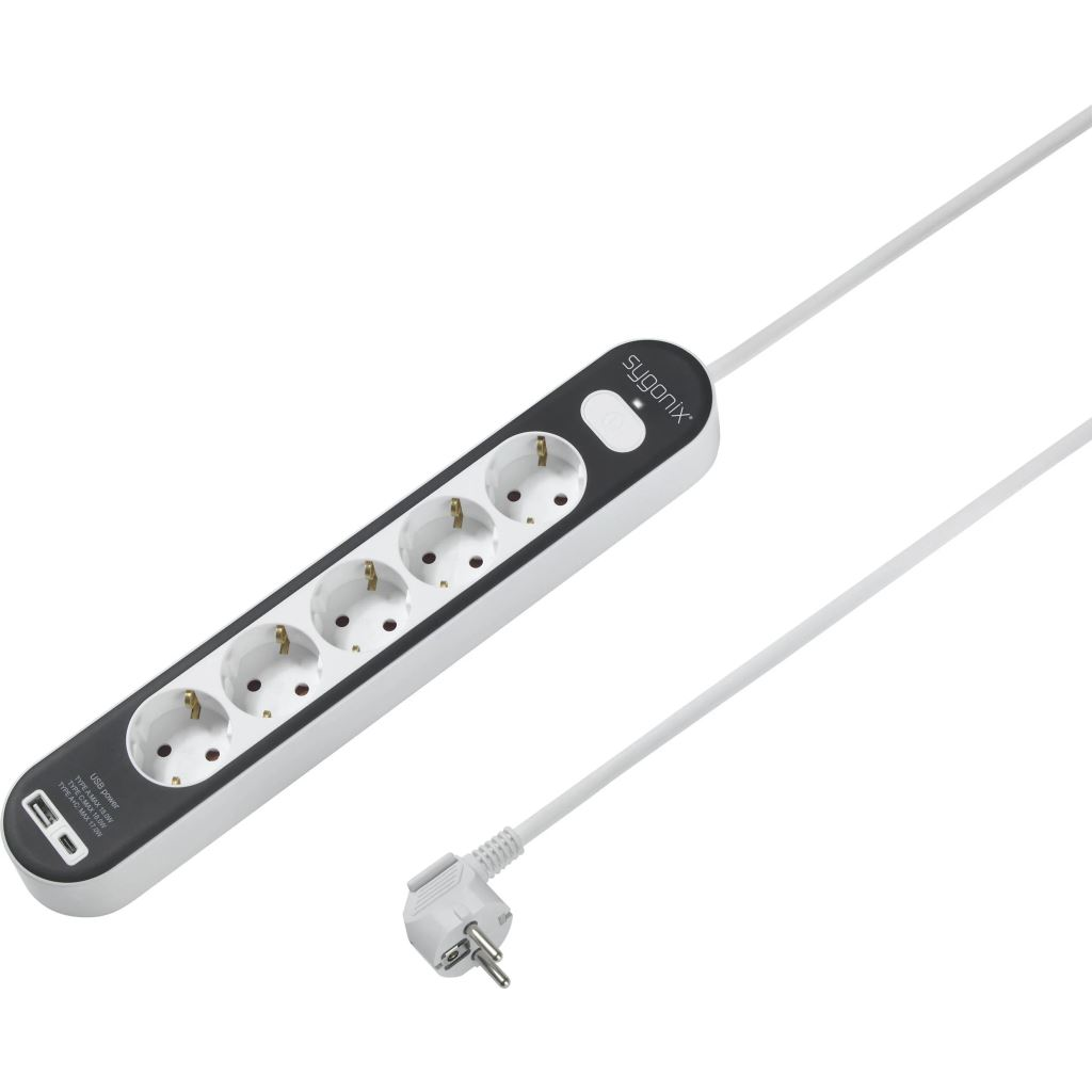 Sygonix SY-4755368 Elosztó kapcsolóval Fehér, Szürke Védőérintkezős 1,4m (SY-4755368)