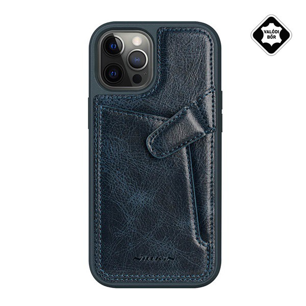 NILLKIN AOGE műanyag telefonvédő (valódi bőr hátlap, mikrofiber plüss belső, bankkártya tartó) SÖTÉTKÉK [Apple iPhone 12 Pro Max] (5996591015910)