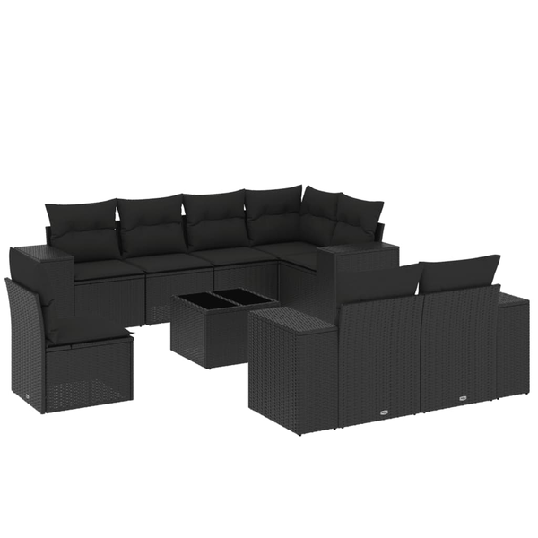 Set mobilier de grădină cu perne, 9 piese, negru, poliratan