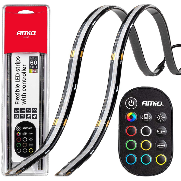 Taśma LED AMiO Paski led cob do samochodu wielobarwne multi kolor rgb z pilotem 2x30cm 12v amio-04579