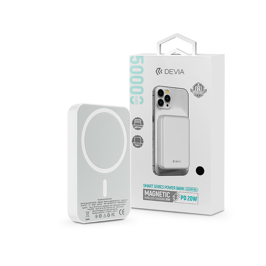 Univerzális hordozható akkumulátor töltő - Devia Kintone Series V2 PD20W Magnet Wireless Charging Power Bank - Lightning + Type-C - 5000 mAh - fehér (ST362606)
