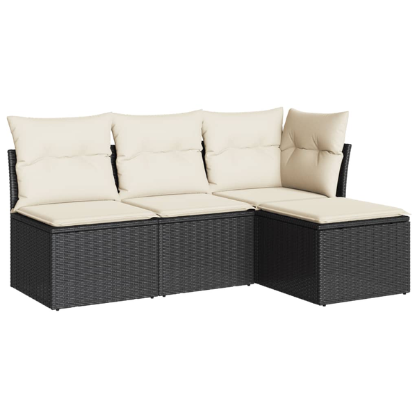Set mobilier de grădină cu perne, 4 piese, negru, poliratan