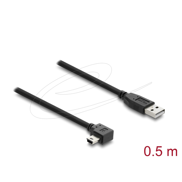 Delock USB 2.0 kábel A-típusú csatlakozódugó - Mini-B típusú csatlakozódugó, jobbra hajlítva, 0,5 m