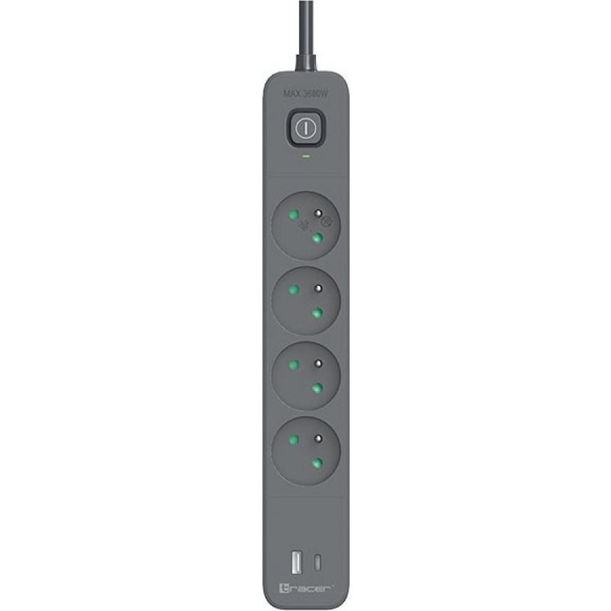 Tracer Power Line+ 1,5 m 4 gniazd USB PD18W grafitowy (TRALIS47026)