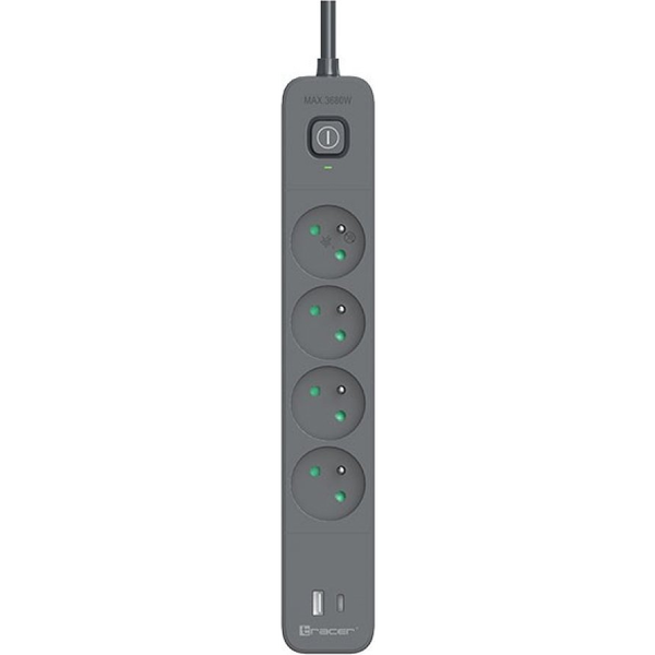 Удължител TRACER Power Line, 4 гнезда + 2 USB порта (1x USB A + 1x Type C), 1.5 m, 3680 W