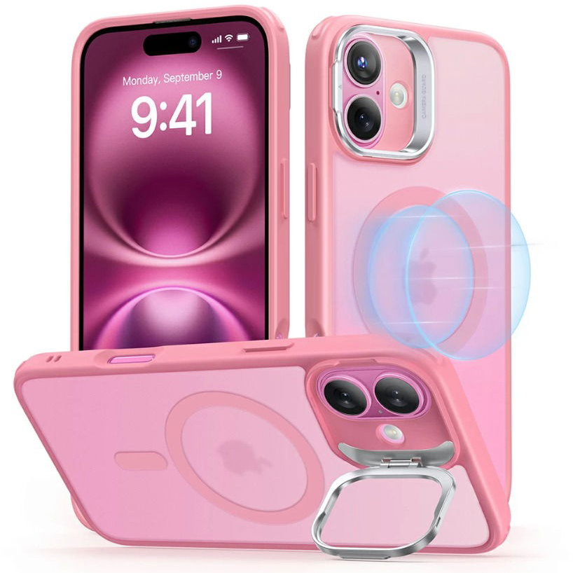 ESR Classic Hybrid Case with Stash Stand (HaloLock), Compatible with iPhone 16, Frosted Pink tok (1A7470601)