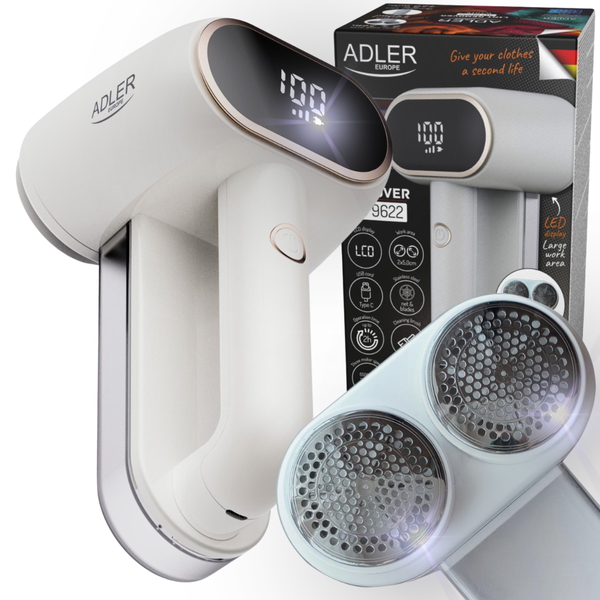 Препарат за премахване на мъх, Adler, двойна глава, LCD екран, 3 скорости, USB-C, капацитет на резервоара 140 ml, бяло/златно, батерия 1800 mAh, мощност 10 W