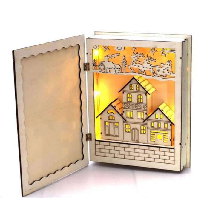 IRIS Karácsonyi könyv mintás 44,5x30cm/meleg fehér LED-es fa kinyitható fénydekoráció (307-01) (307-01)