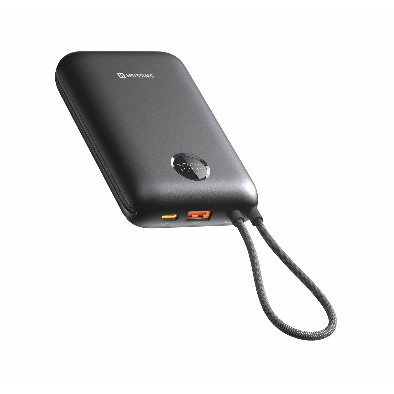 Swissten Voltbox Power Bank 35W 20000 mAh Beépített USB-C és Lightning Kábellel Fekete (22013937)