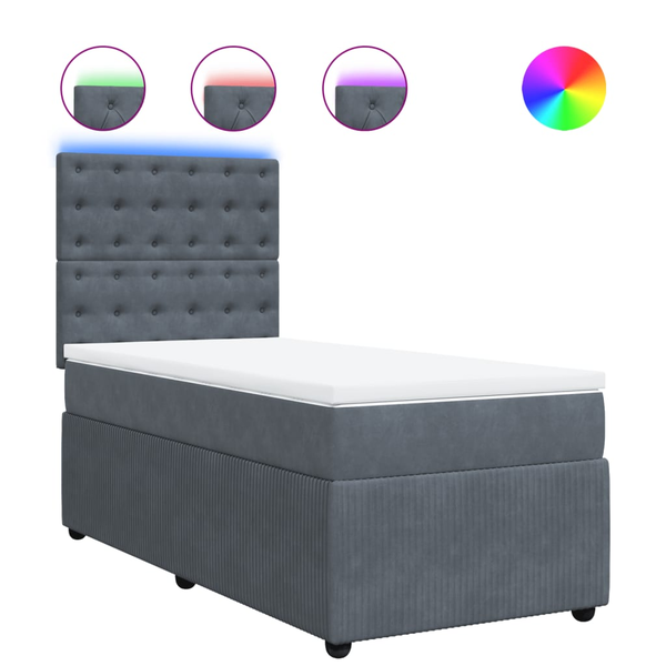 Pat box spring cu saltea, gri închis, 90x190 cm, catifea