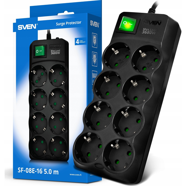 Listwa przeciwprzepięciowa SVEN SF-08E-16 1,8 m (8 gniazd) czarna
