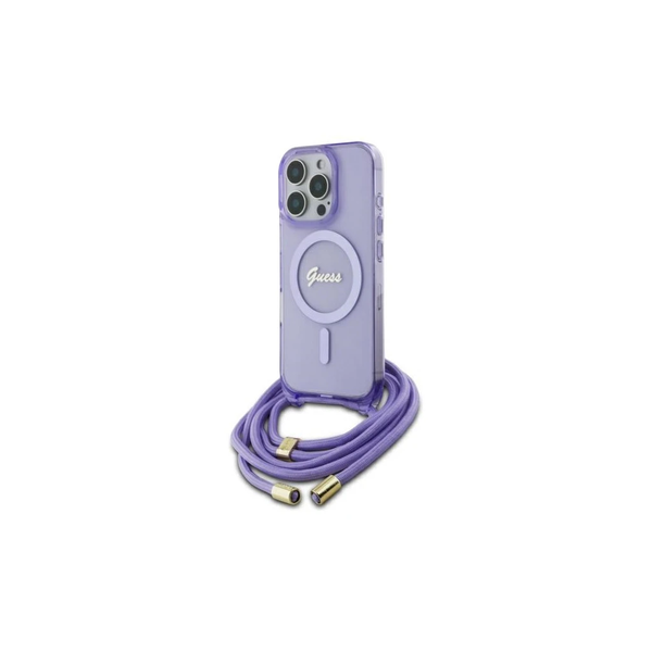 Guess GUHMP16LHCTSGNSU iPhone 16 Pro készülékhez 6.3" kemény tok Crossbody Cord Script MagSafe lila