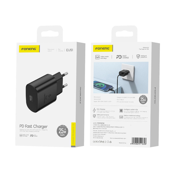 Foneng EU51 USB-C 25W hálózati töltő (fekete) (EU-51)