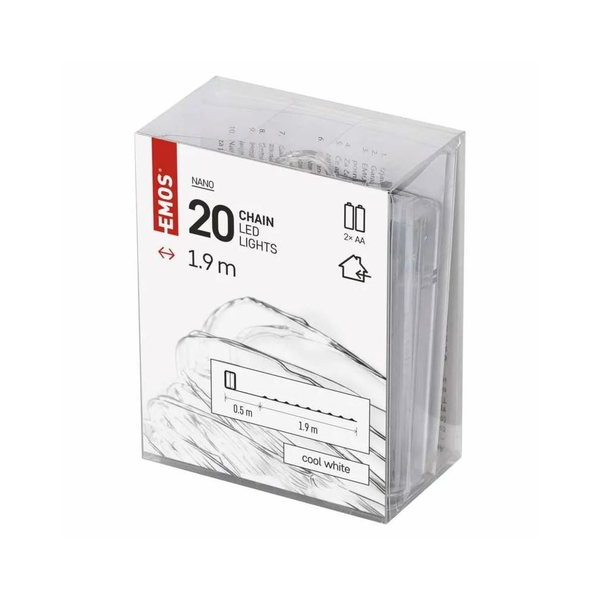 EMOS LED karácsonyi nano fényfüzér 1.9m beltéri időzítős 2xAA ezüst kábel hidegfehér (D3AC07)