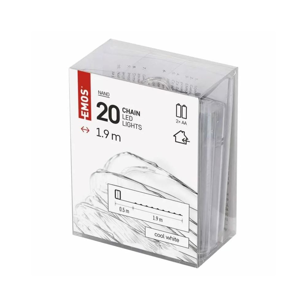 EMOS LED karácsonyi nano fényfüzér 1.9m beltéri időzítős 2xAA ezüst kábel hidegfehér (D3AC07) (D3AC07)