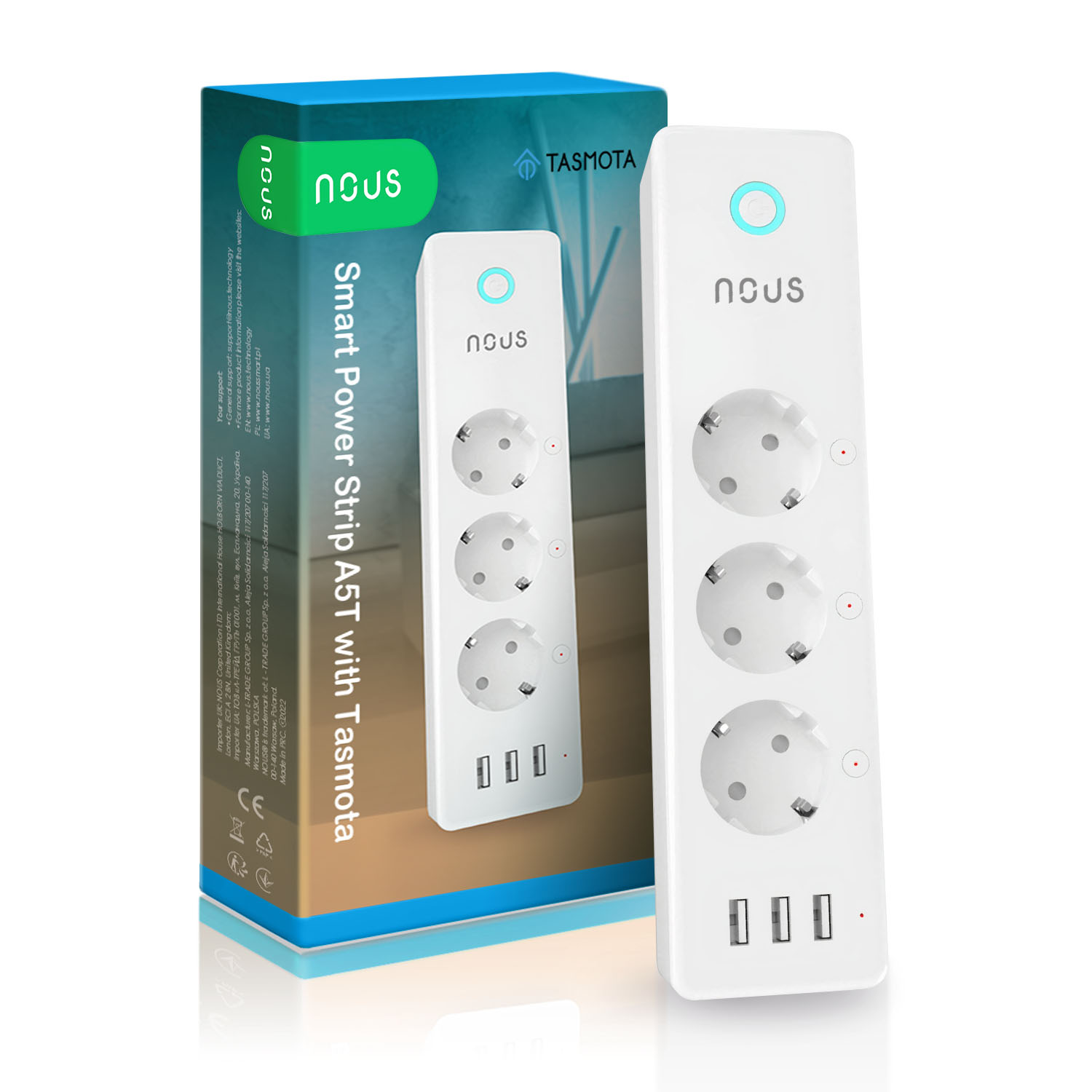 Nous A5T Tasmota Okos hosszabbító 3 aljzatos + 3 USB-A aljzat 1.5m - Fehér (A5T (TASMOTA))