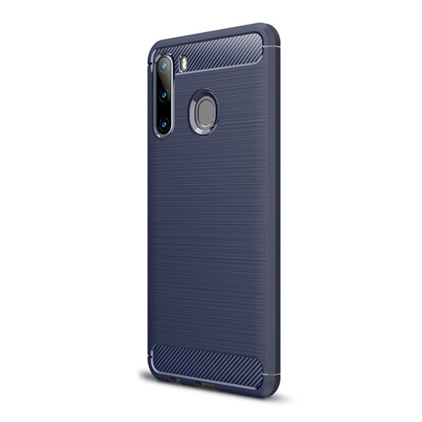 Szilikon telefonvédő (közepesen ütésálló, légpárnás sarok, szálcsiszolt, karbon minta) SÖTÉTKÉK [Samsung Galaxy A21 (SM-A210F)] (5996457935260)