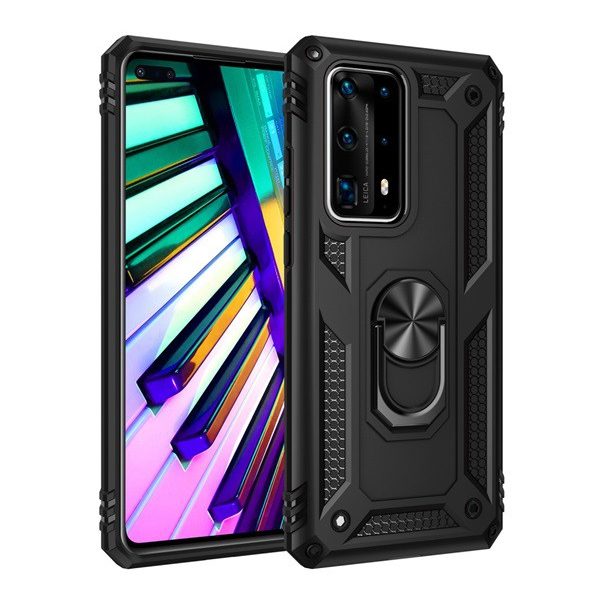 Defender műanyag telefonvédő (közepesen ütésálló, szilikon belső, telefontartó gyűrű, beépített fémlemez) FEKETE [Huawei P40] (5996457945191)