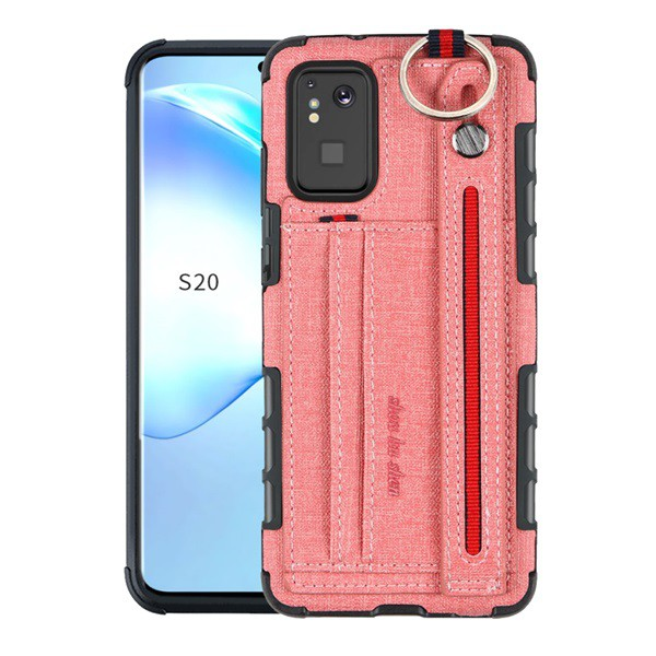 Szilikon telefonvédő (közepesen ütésálló, asztali tartó funkció, bankkártya tartó, textil hátlap + kézpánt) RÓZSASZÍN [Samsung Galaxy S20 Plus (SM-G985F)] (5996457957736)