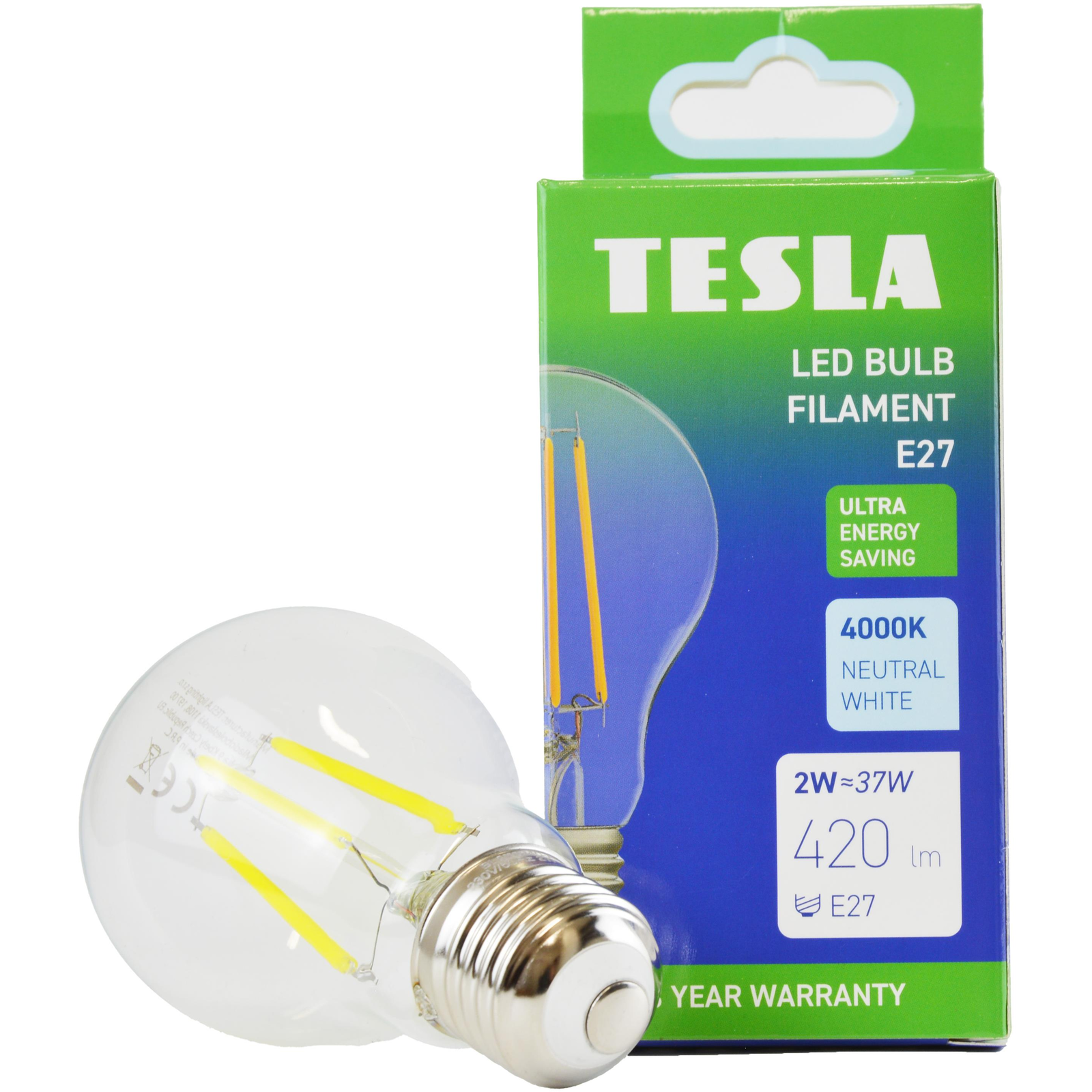 Tesla Filament A class, E27, 2W, 420lm, 4000K nappali fehér, 360°, átlátszó, 230V, 25000 óra (BL270240-A1)