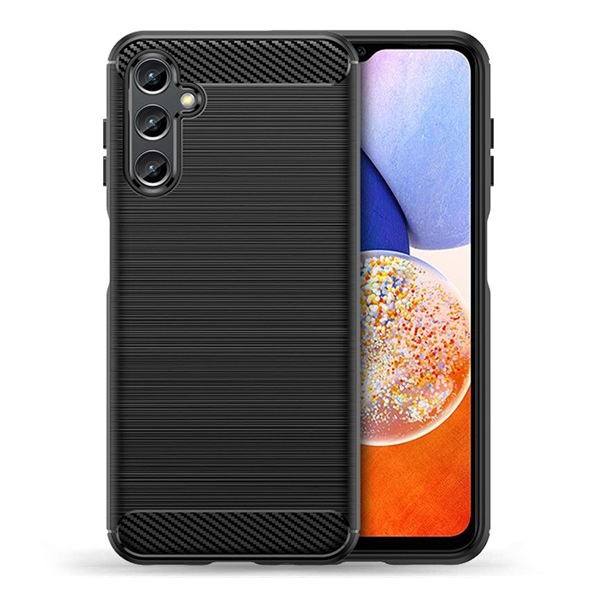 Szilikon telefonvédő (ütésállóság, légpárnás sarok, szálcsiszolt, karbon minta) FEKETE Samsung Galaxy A14 4G (SM-A145) / Galaxy A14 5G (SM-A146) "Gigapack csomagolás" (GP-135132)