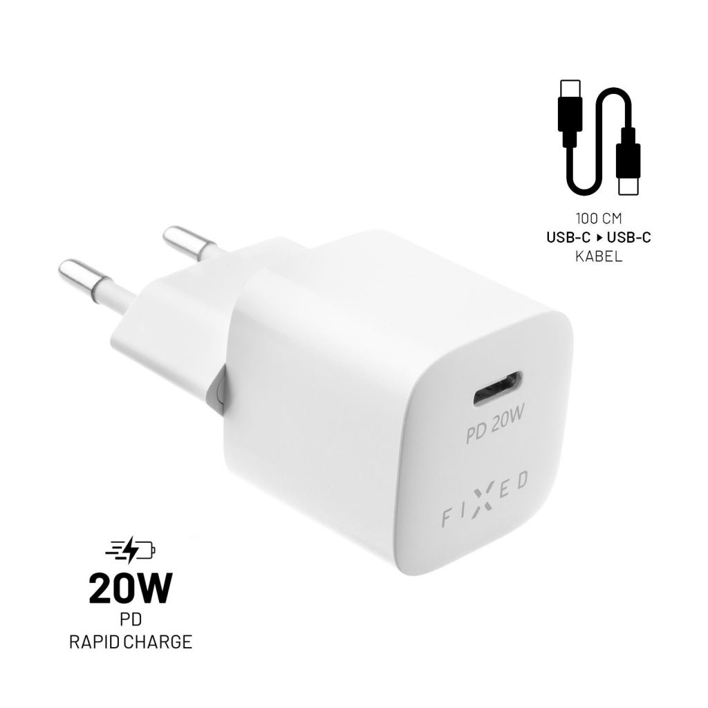 FIXED Mini Travel USB-C hálózati töltő 20W fehér + USB-C - USB-C kábel (FIXC20M-CC-WH) (FIXC20M-CC-WH)