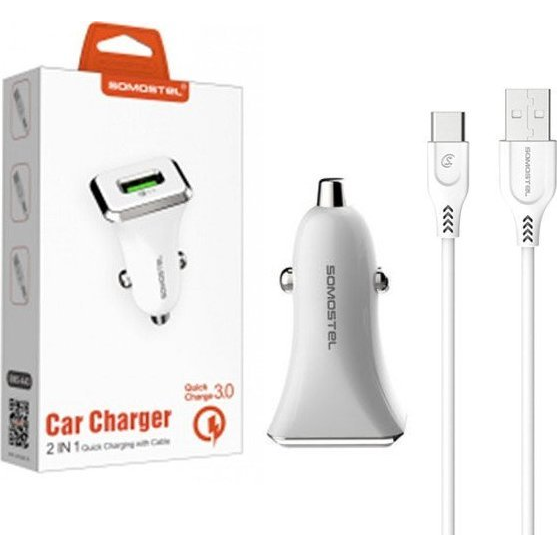 Ładowarka ŁADOWARKA SAMOCHODOWA 3A + KABEL TYP-C BIAŁA SOMOSTEL 3100mAh SMS-A43 QUICK CHARGE USB-C QC 3.0
