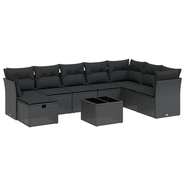 9 részes fekete polyrattan kerti ülőgarnitúra párnákkal