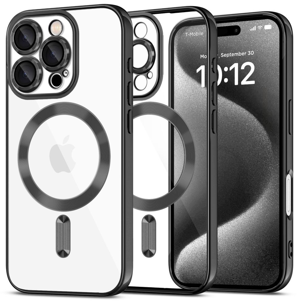 Apple iPhone 16 Pro Max, Műanyag hátlap védőtok + szilikon keret, közepesen ütésálló, Magsafe töltővel kompatibilis, fényes keret, Magflex Magsafe, átlátszó/fekete (5906302311378)