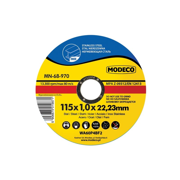 Modeco Ściernica płaska do cięcia stali 115x1x22,23mm 50szt. - MN-68-970