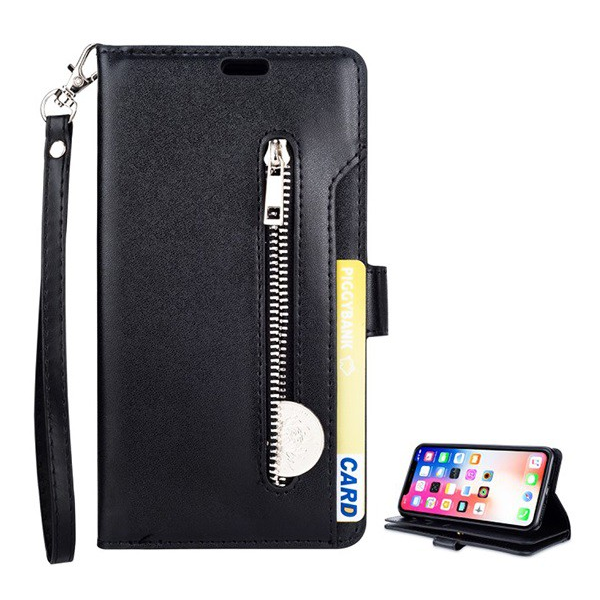 Suport husa pentru telefon, efect piele (clapa, deschidere laterala, suport de birou, portofel cu fermoar, curea de mana) negru [Apple iPhone XS Max 6.5]