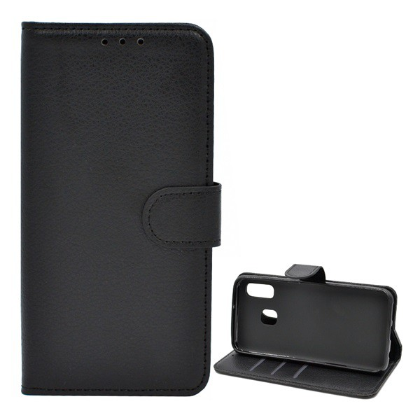 Tok álló, bőr hatású (FLIP, oldalra nyíló, asztali tartó funkció, prémium) FEKETE [Samsung Galaxy A20e (SM-A202F)] (5996457876648)