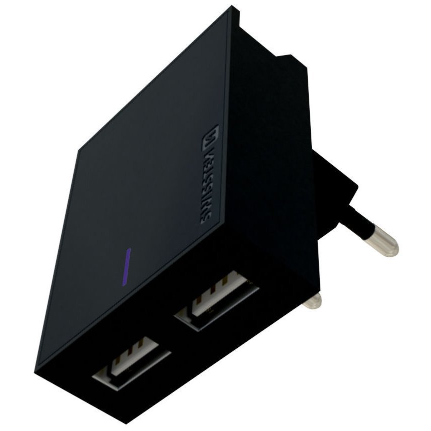 Swissten 22042000 2xUSB-A Hálózati Töltő Adapter + MicroUSB Kábel 1.2m 15W - Fekete (22042000)