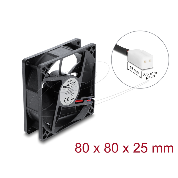 Delock Axiális ventilátor 48 V DC, 80 x 80 x 25 mm, 2 pólusú, aljzat ventilátorcsatlakozóval, fekete