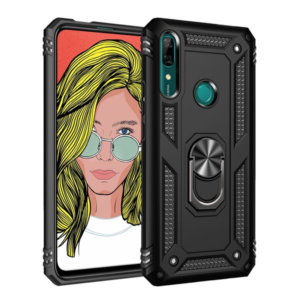 Defender műanyag telefonvédő (közepesen ütésálló, szilikon belső, telefontartó gyűrű, beépített fémlemez) FEKETE [Huawei P Smart Z (Y9 Prime 2019)] (5996457898824)