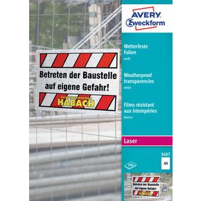 Avery-Zweckform OHP Laserfolie 3487 Vízálló fólia DIN A4 Lézernyomtató, Színes lézernyomtatás, Másoló, Színes fénymásolás Fehér 100 db (3487)