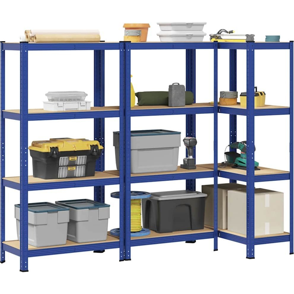 3 db 4-szintes kék acél és szerelt fa tárolópolc (3307580)