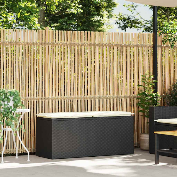 fekete polyrattan kerti pad párnával 110x40x44 cm