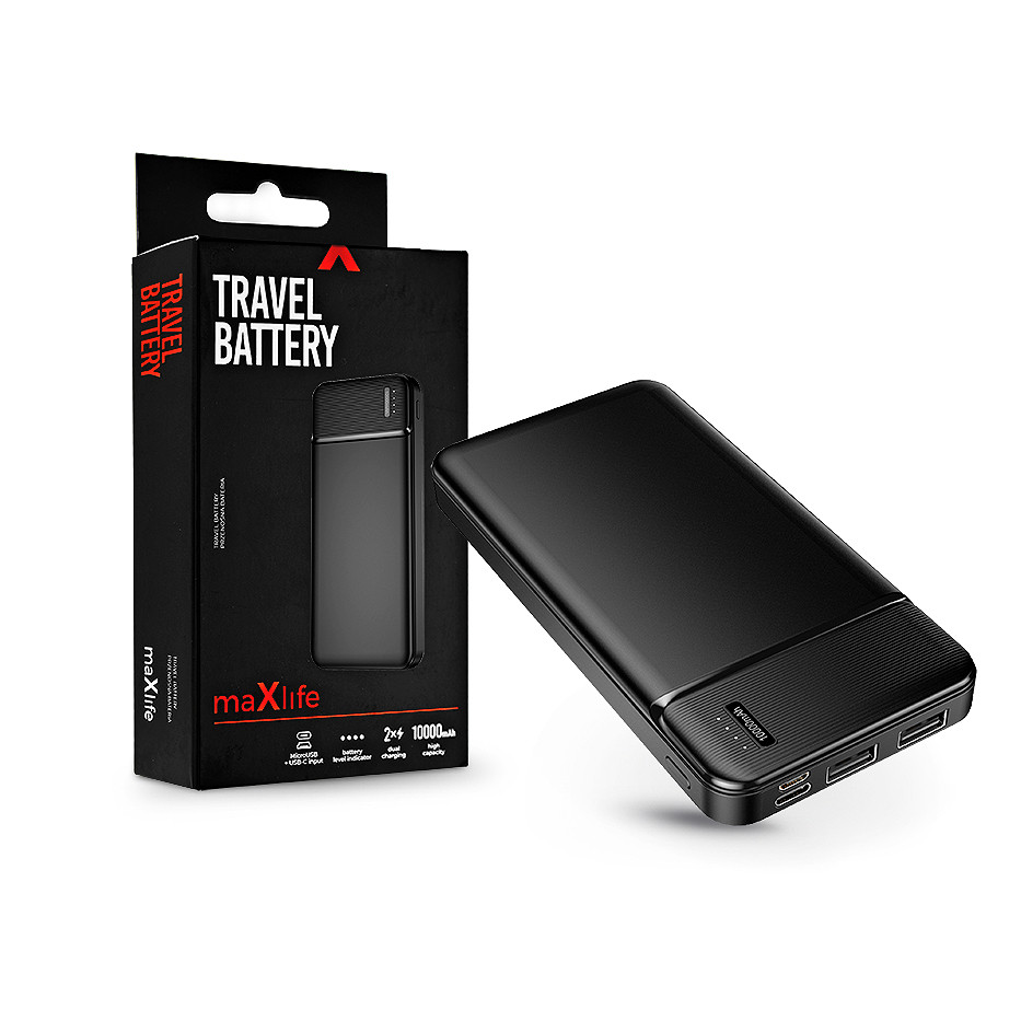 Maxlife univerzális hordozható, asztali akkumulátor töltő - Maxlife MXPB-01 Power Bank - 2xUSB + microUSB + Type-C - 10.000 mAh - fekete (TF-0022)