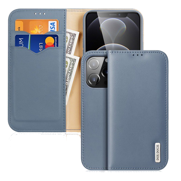 DUX DUCIS HIVO tok álló, valódi bőr (FLIP, oldalra nyíló, asztali tartó funkció, bankkártya tartó, RFID védelem) KÉK [Apple iPhone 13 Pro] (5996591101354)