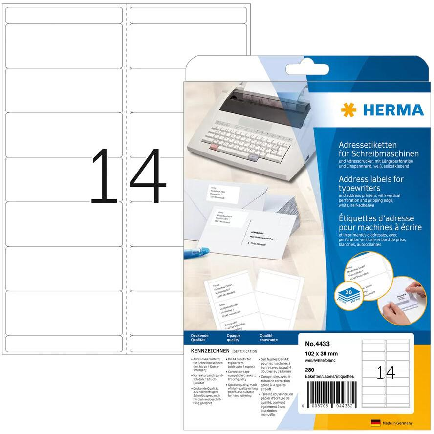 Herma 102x38 mm Címke Írógépekhez és kézi címkézéshez (280 címke / csomag) (4433)